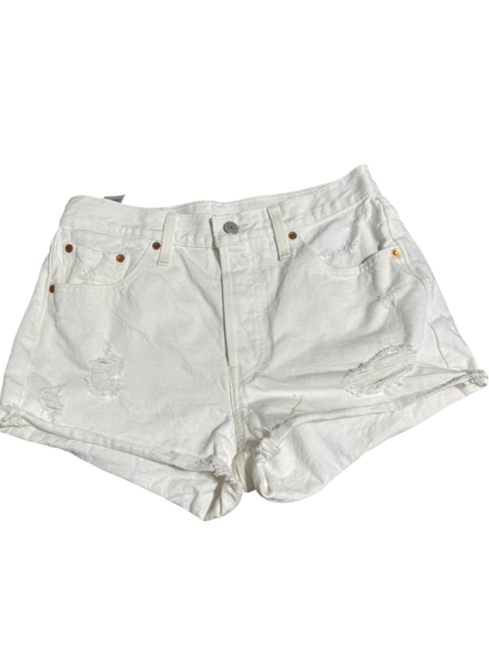 Levi's 501 Mid-Rise White Distressed Denim Shorts, 100% cotton, Button fly - Picture 3 of 10
